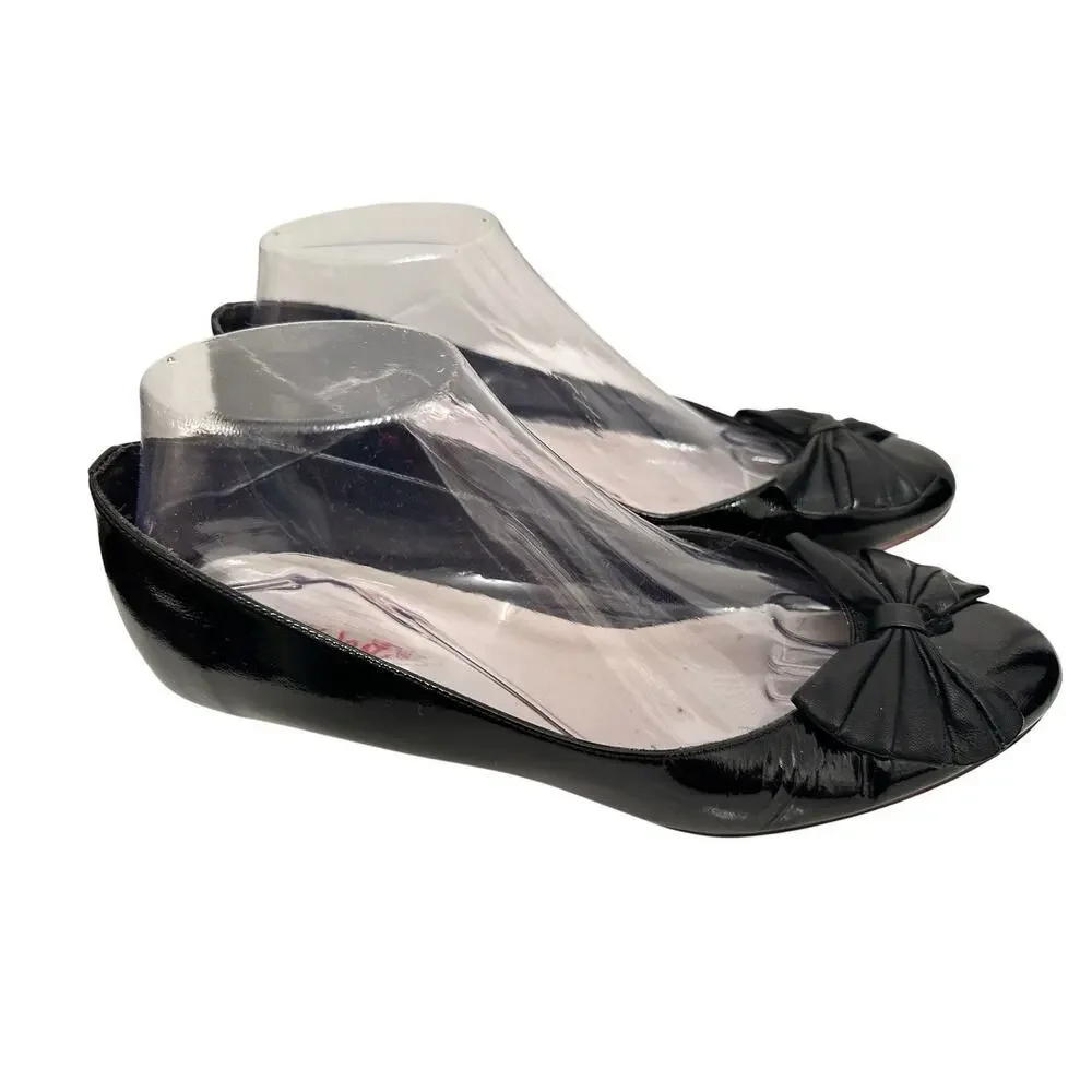 Vintage Nine West Black Patent Bow Wedge Heels Size 9N Retro‎